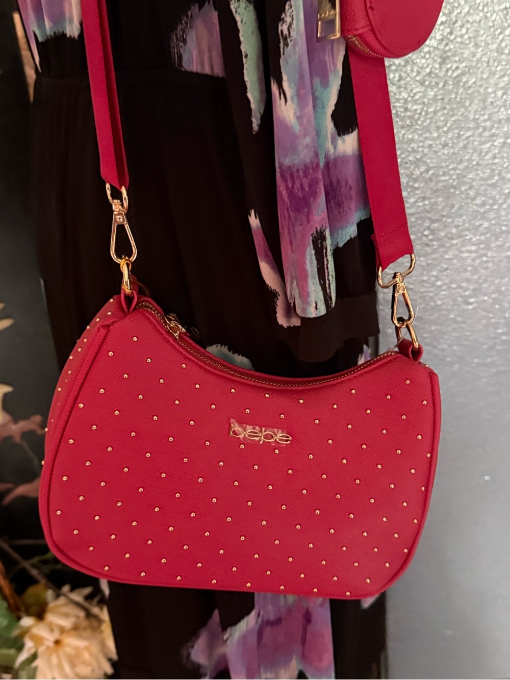 bebe Red Studded Crescent crossbody Bag NWT